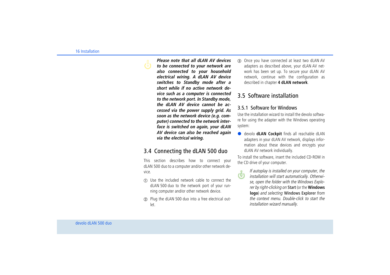 4 connecting the dlan 500 duo, 5 software installation, 1 software for windows | Connecting the dlan 500 duo, Software installation, Software for windows | Devolo dLAN 500 duo+ User Manual | Page 17 / 33