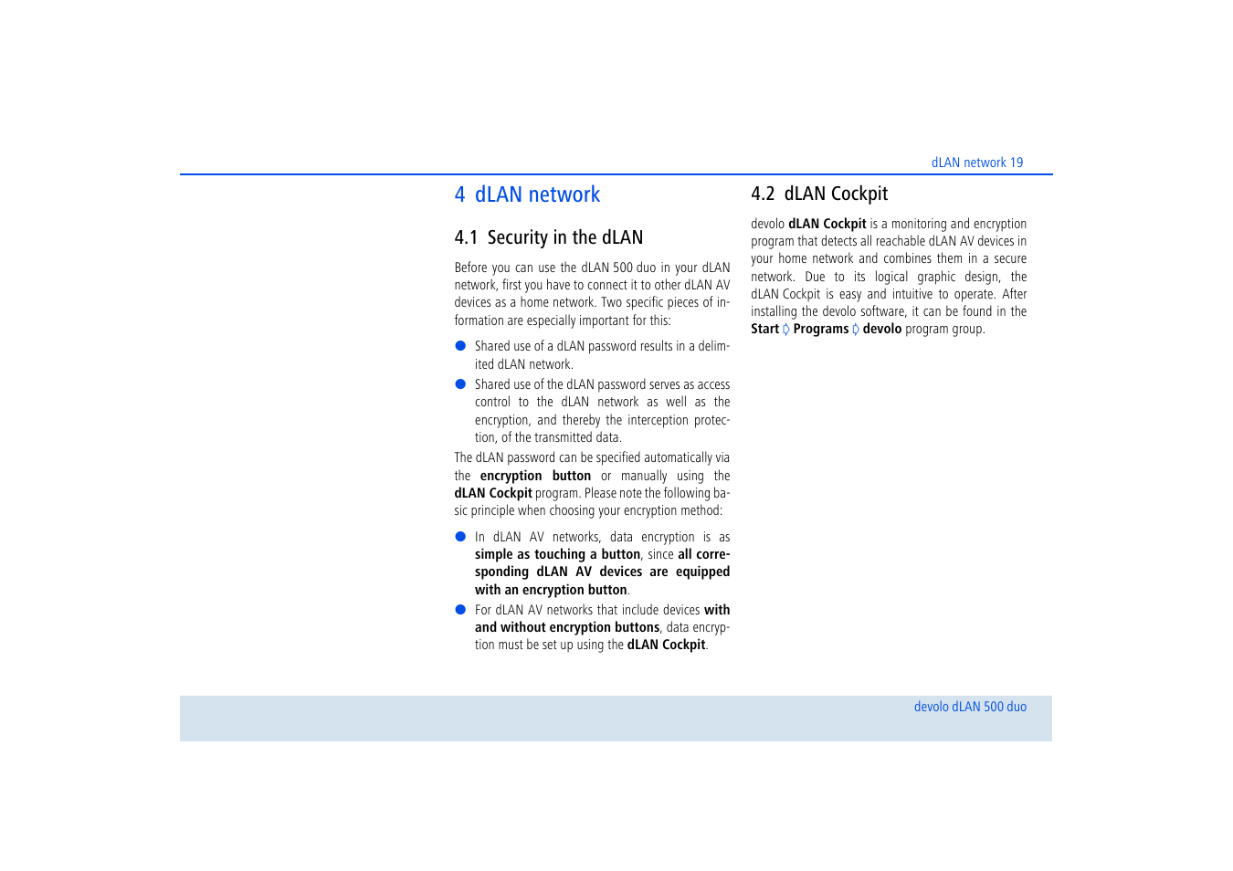 4 dlan network, 1 security in the dlan, 2 dlan cockpit | Security in the dlan, Dlan cockpit | Devolo dLAN 500 duo+ User Manual | Page 20 / 33