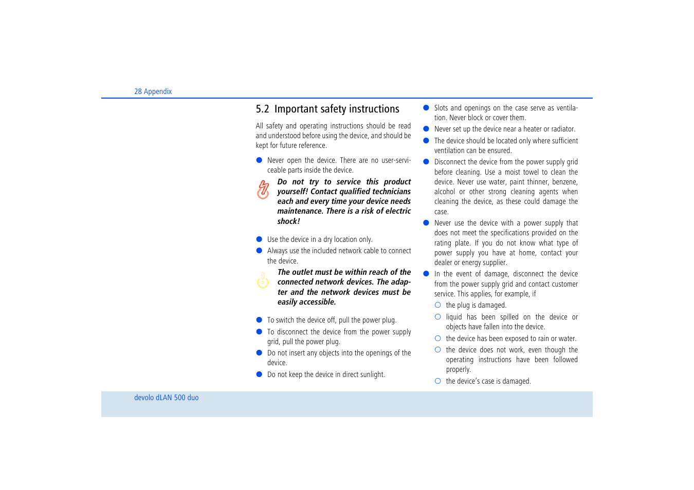2 important safety instructions, Important safety instructions | Devolo dLAN 500 duo+ User Manual | Page 29 / 33
