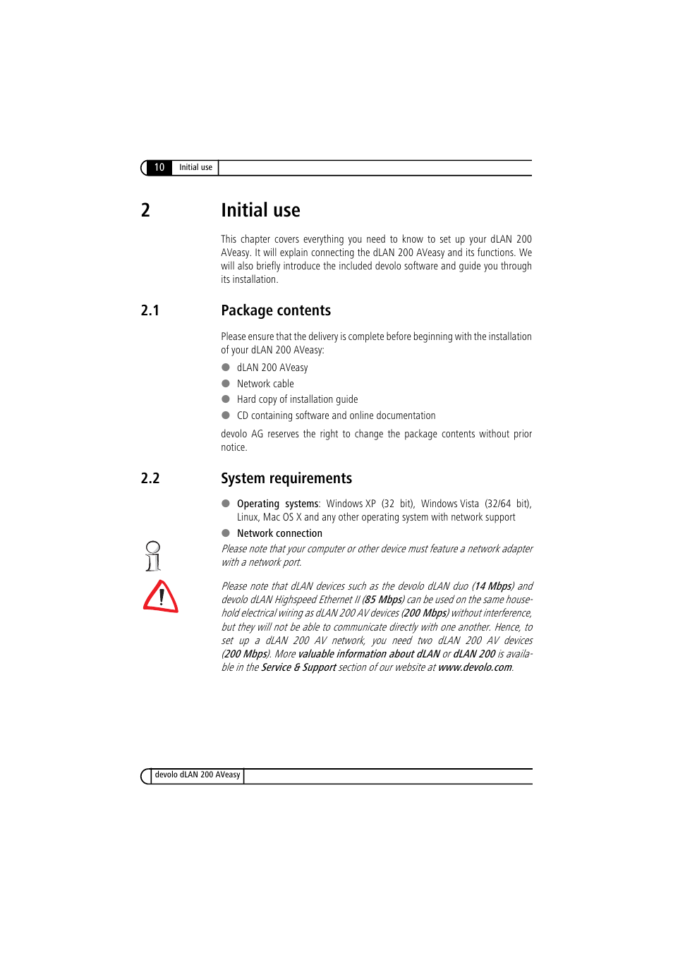 2 initial use, 1 package contents, 2 system requirements | Package contents, System requirements, 2initial use | Devolo dLAN 200 AVeasy User Manual | Page 10 / 26