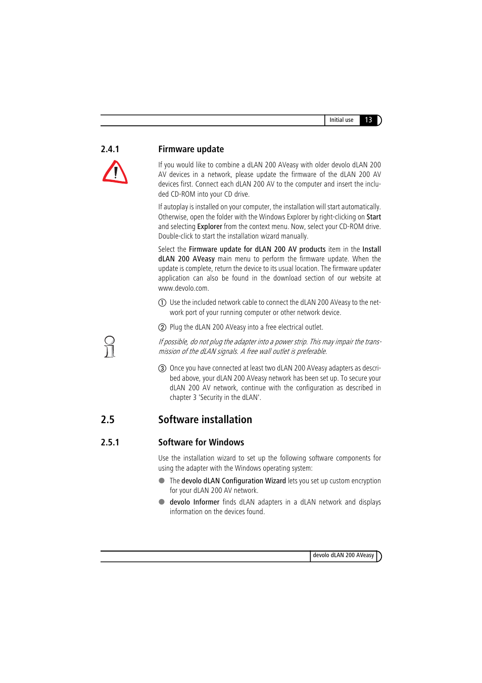 1 firmware update, 5 software installation, 1 software for windows | Firmware update, Software installation 2.5.1, Software for windows | Devolo dLAN 200 AVeasy User Manual | Page 13 / 26