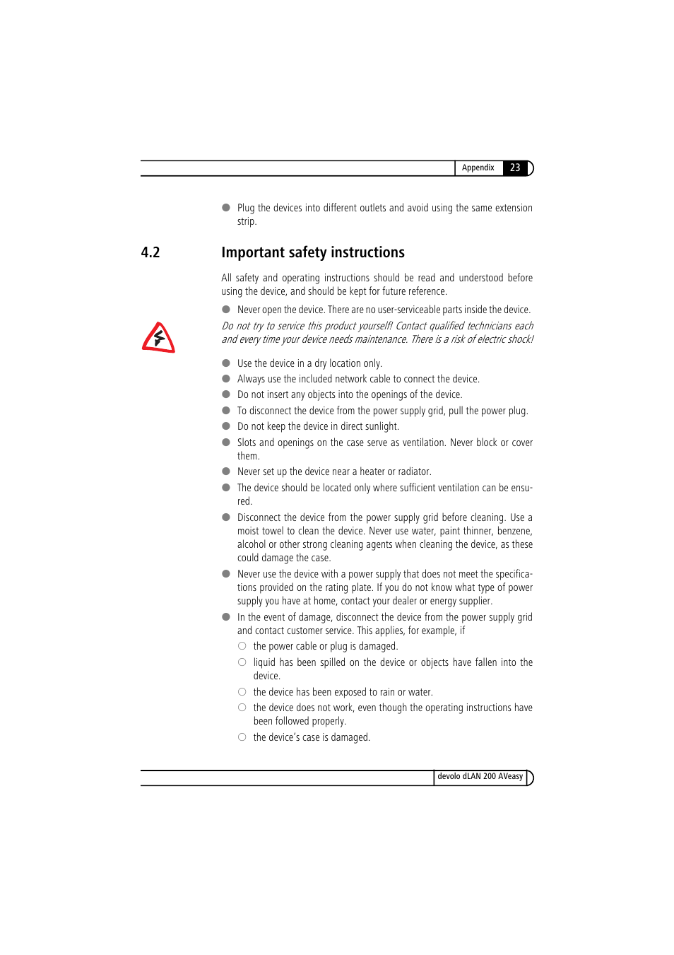2 important safety instructions, Important safety instructions | Devolo dLAN 200 AVeasy User Manual | Page 23 / 26