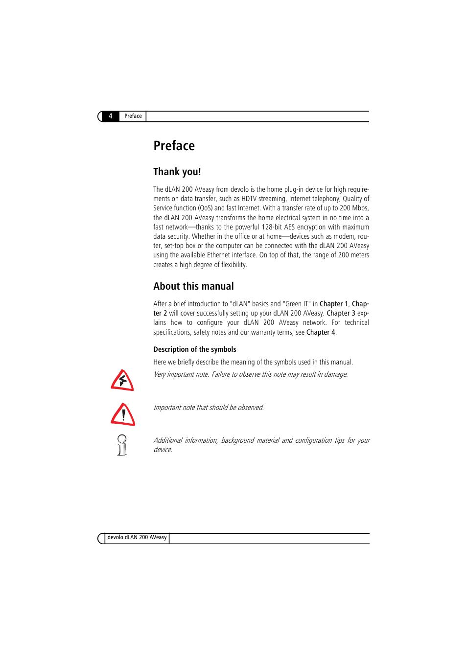 Preface, Thank you, About this manual | Thank you! about this manual | Devolo dLAN 200 AVeasy User Manual | Page 4 / 26
