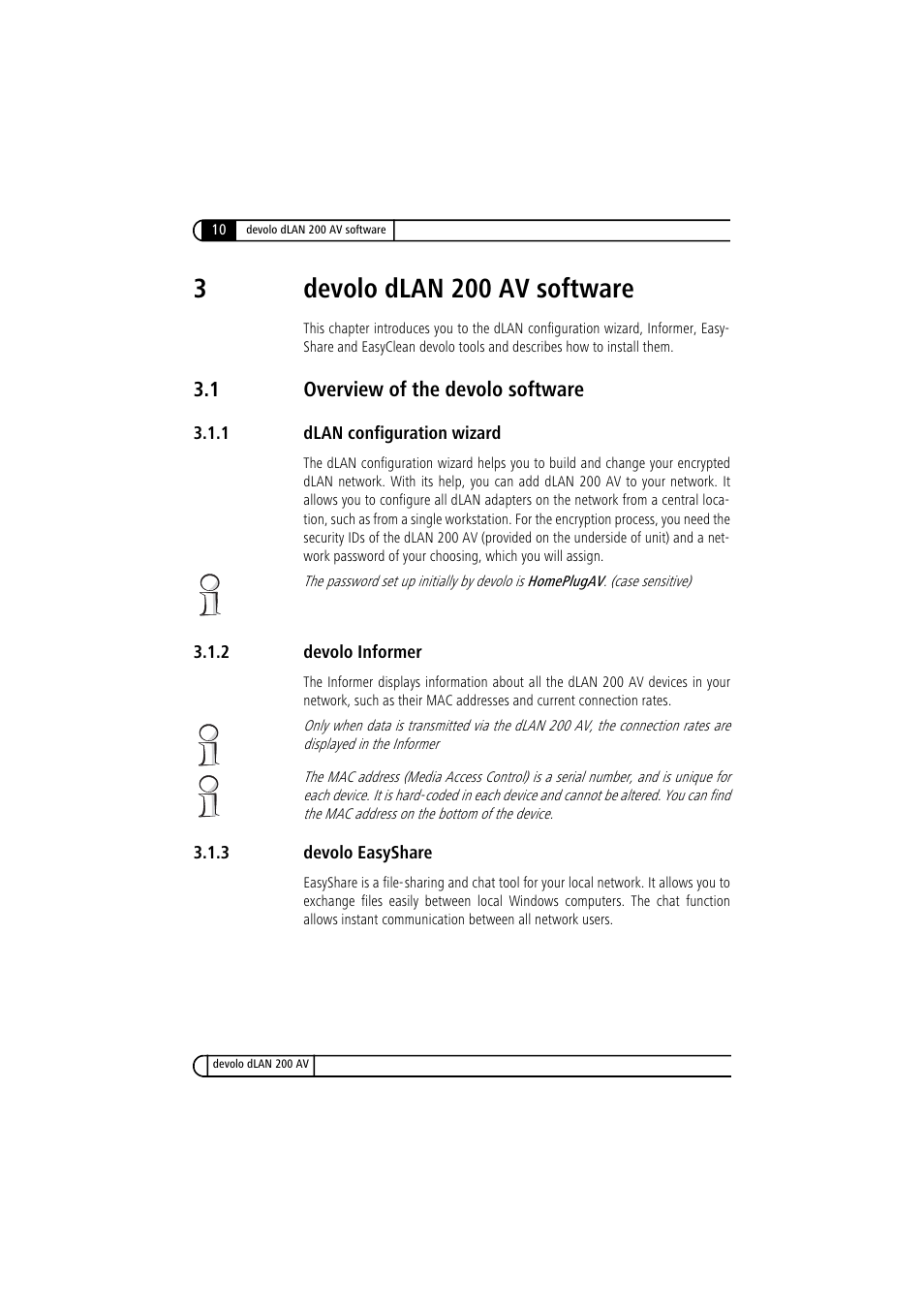 3 devolo dlan 200 av software, 1 overview of the devolo software, 1 dlan configuration wizard | 2 devolo informer, 3 devolo easyshare, Overview of the devolo software 3.1.1, Dlan configuration wizard, Devolo informer, Devolo easyshare, 3devolo dlan 200 av software | Devolo dLAN 200 AV User Manual | Page 10 / 25