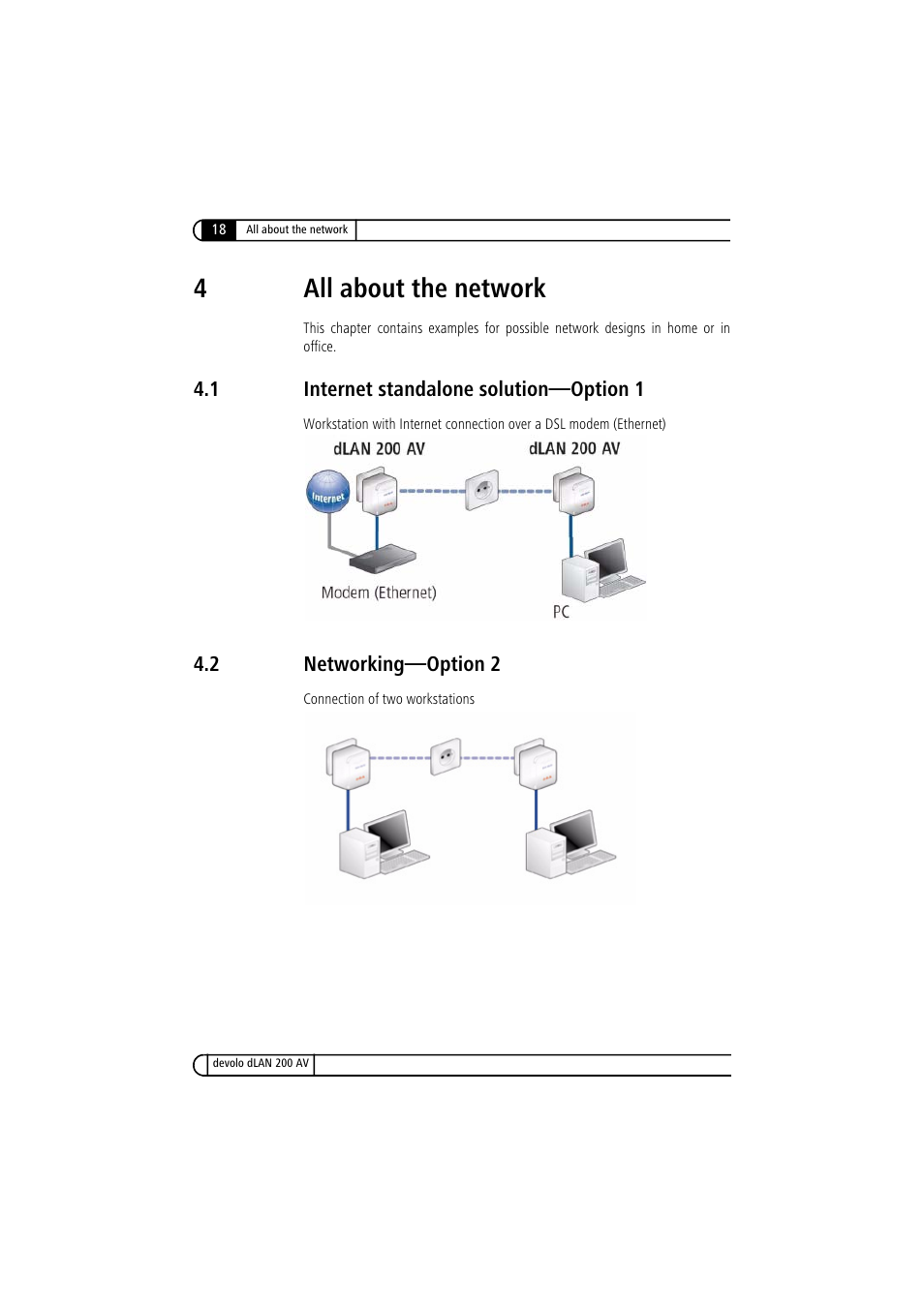 4 all about the network, 1 internet standalone solution-option 1, 2 networking-option 2 | Internet standalone solution—option 1, Networking—option 2, 4all about the network | Devolo dLAN 200 AV User Manual | Page 18 / 25