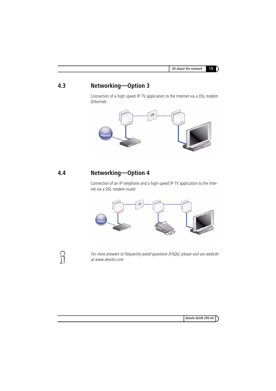 3 networking-option 3, 4 networking-option 4, Networking—option 3 | Networking—option 4, 3 networking—option 3, 4 networking—option 4 | Devolo dLAN 200 AV User Manual | Page 19 / 25