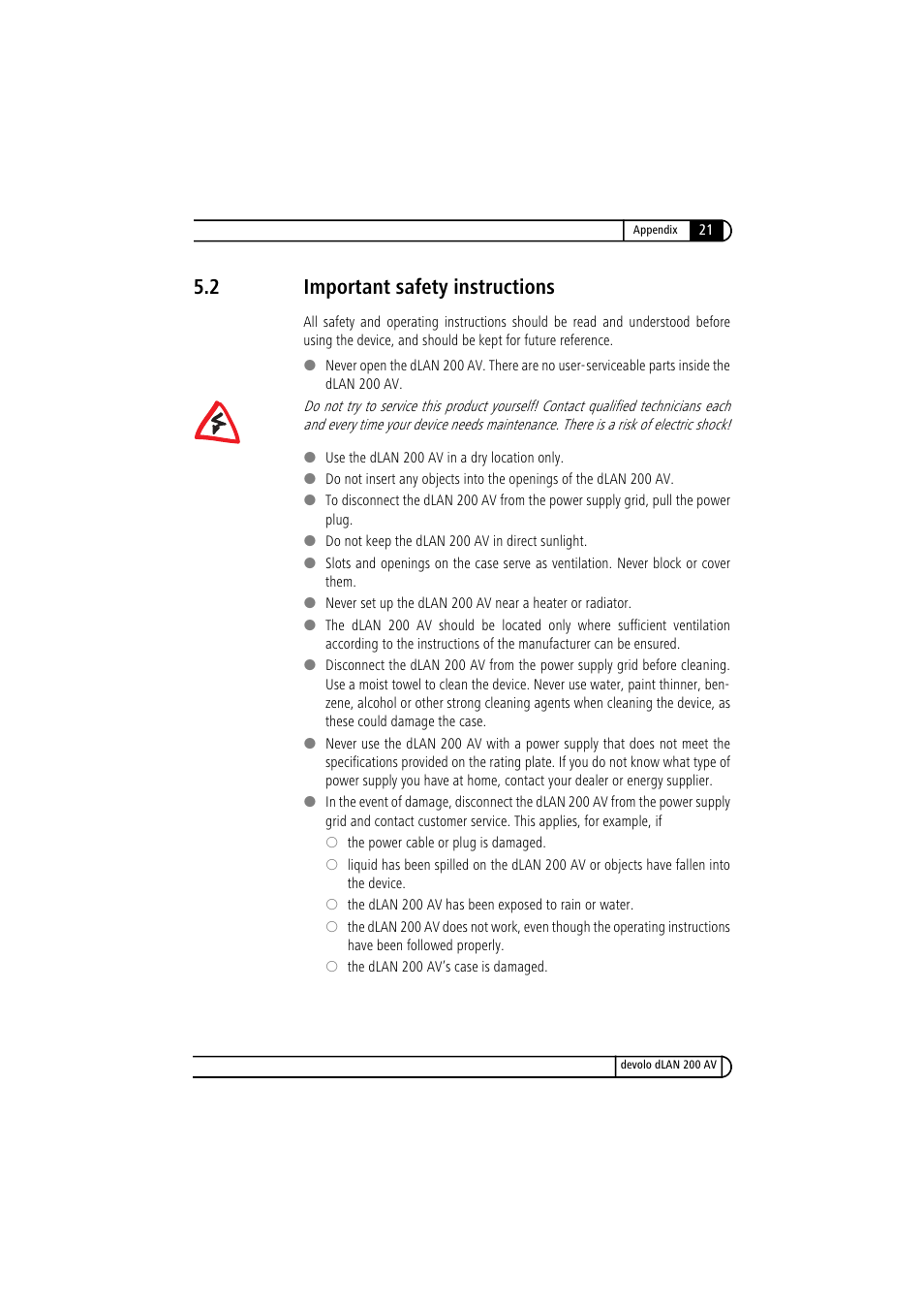 2 important safety instructions, Important safety instructions | Devolo dLAN 200 AV User Manual | Page 21 / 25