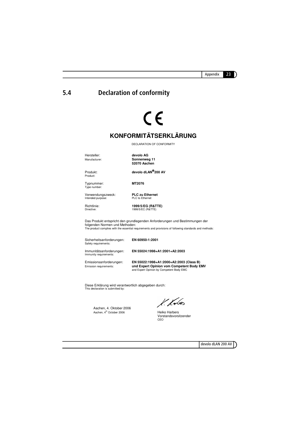 4 declaration of conformity, Declaration of conformity, Konformitätserklärung | Devolo dLAN 200 AV User Manual | Page 23 / 25