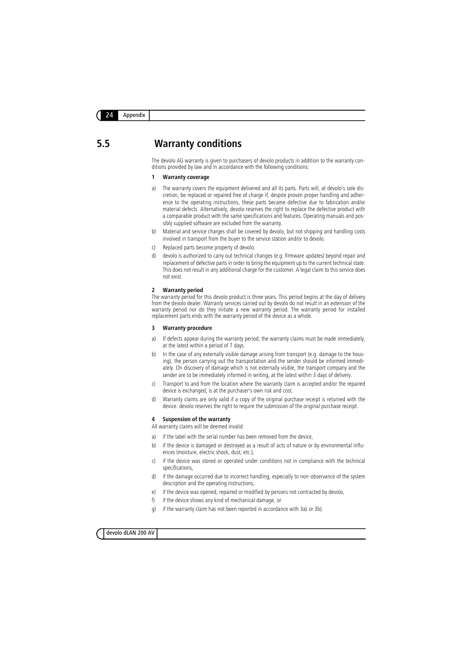 5 warranty conditions, Warranty conditions | Devolo dLAN 200 AV User Manual | Page 24 / 25