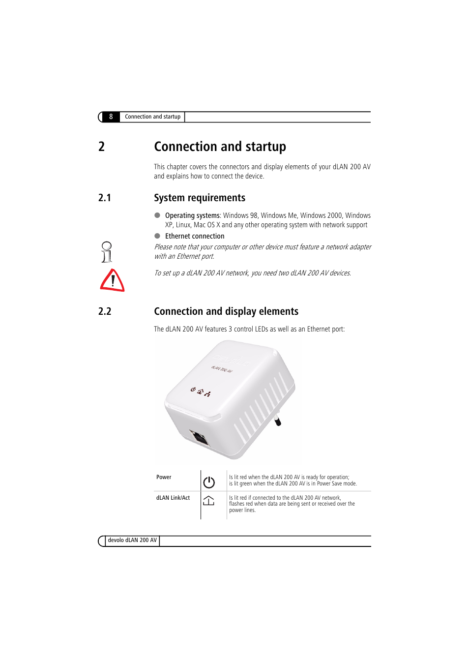 2 connection and startup, 1 system requirements, 2 connection and display elements | System requirements, Connection and display elements, 2connection and startup | Devolo dLAN 200 AV User Manual | Page 8 / 25