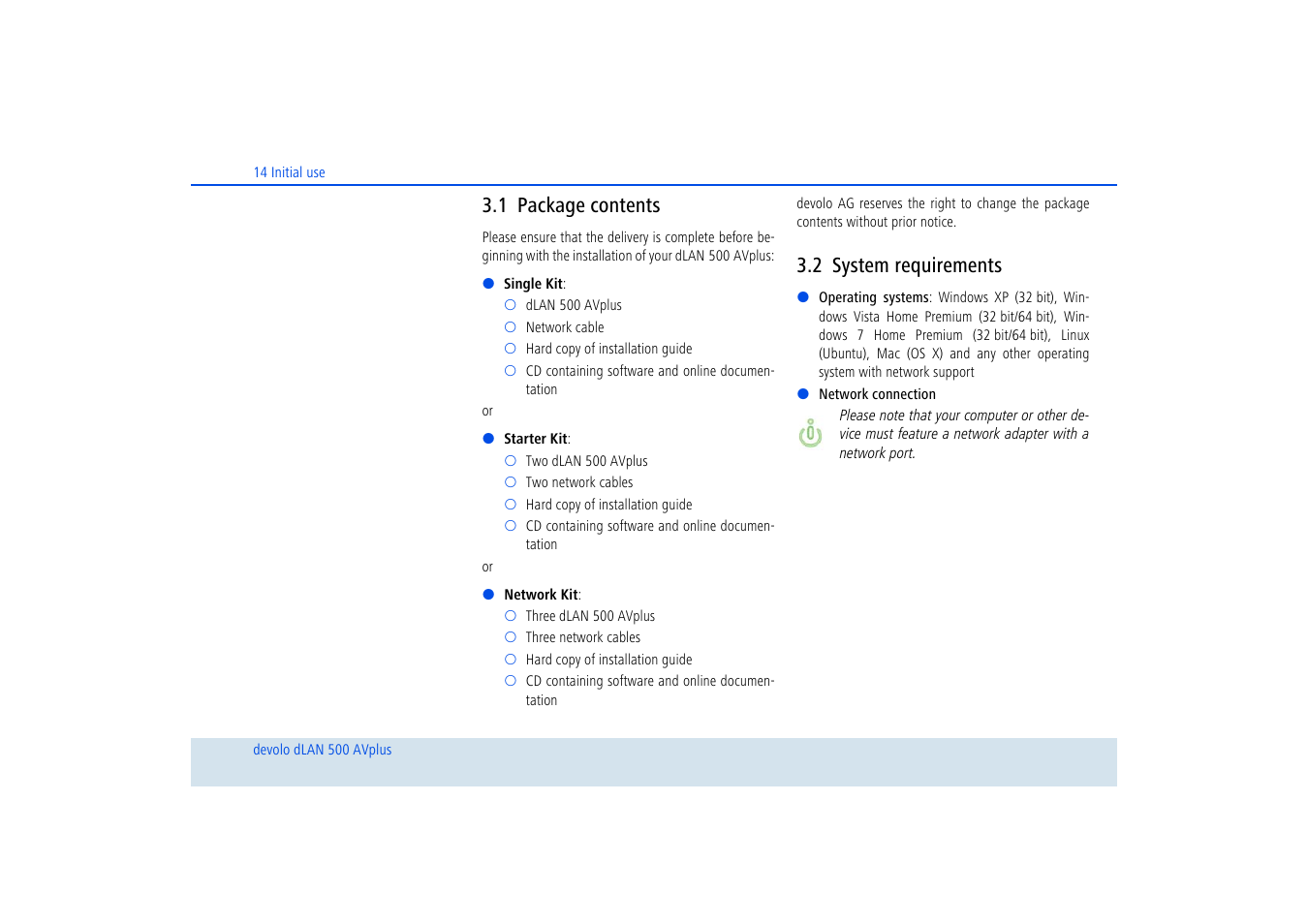 1 package contents, 2 system requirements, Package contents | System requirements | Devolo dLAN 500 AVplus User Manual | Page 15 / 35