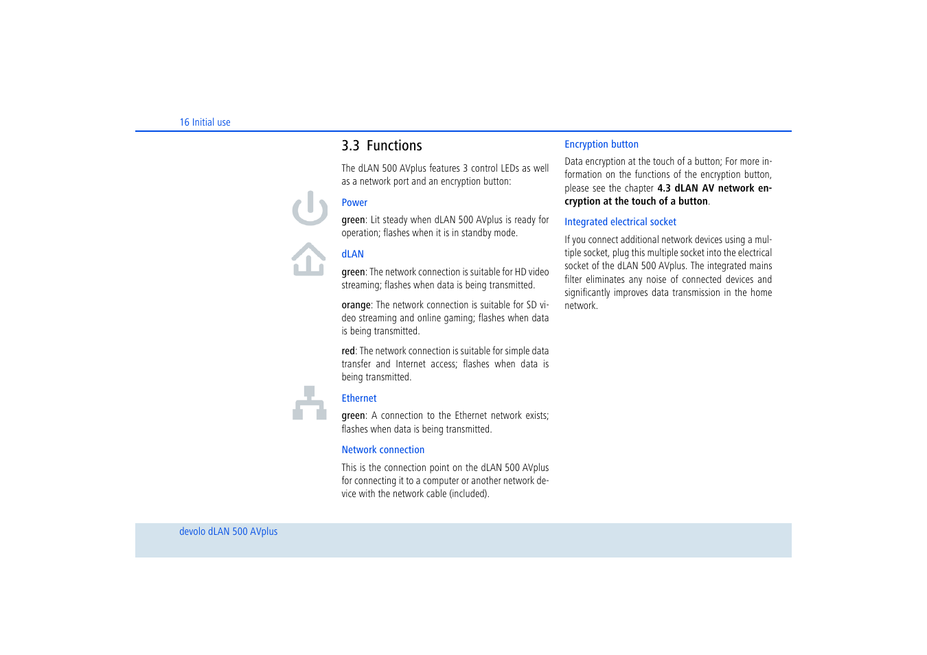 3 functions, Functions | Devolo dLAN 500 AVplus User Manual | Page 17 / 35