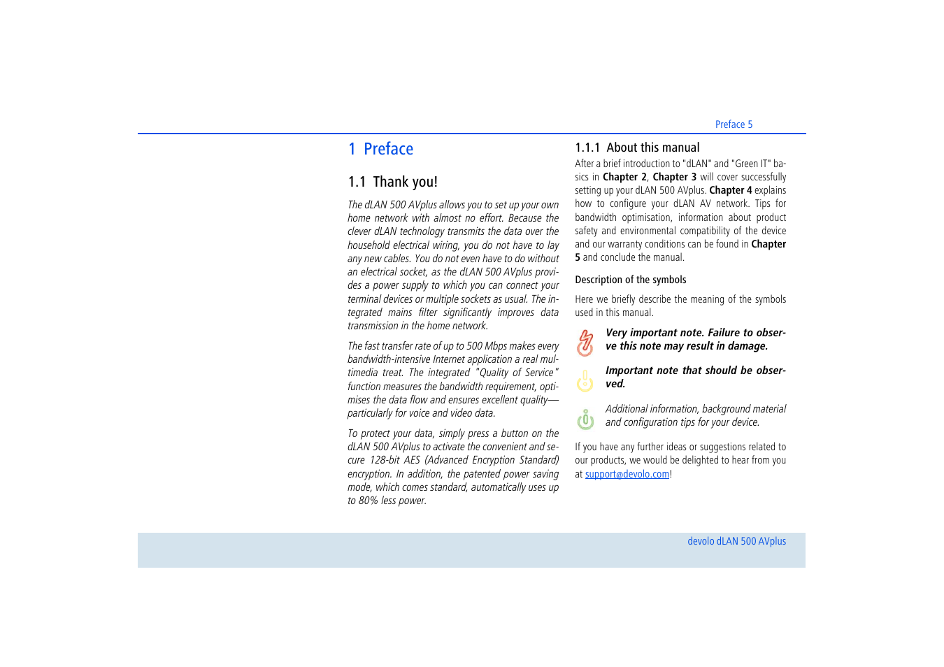 1 preface, 1 thank you, 1 about this manual | Thank you, About this manual | Devolo dLAN 500 AVplus User Manual | Page 6 / 35