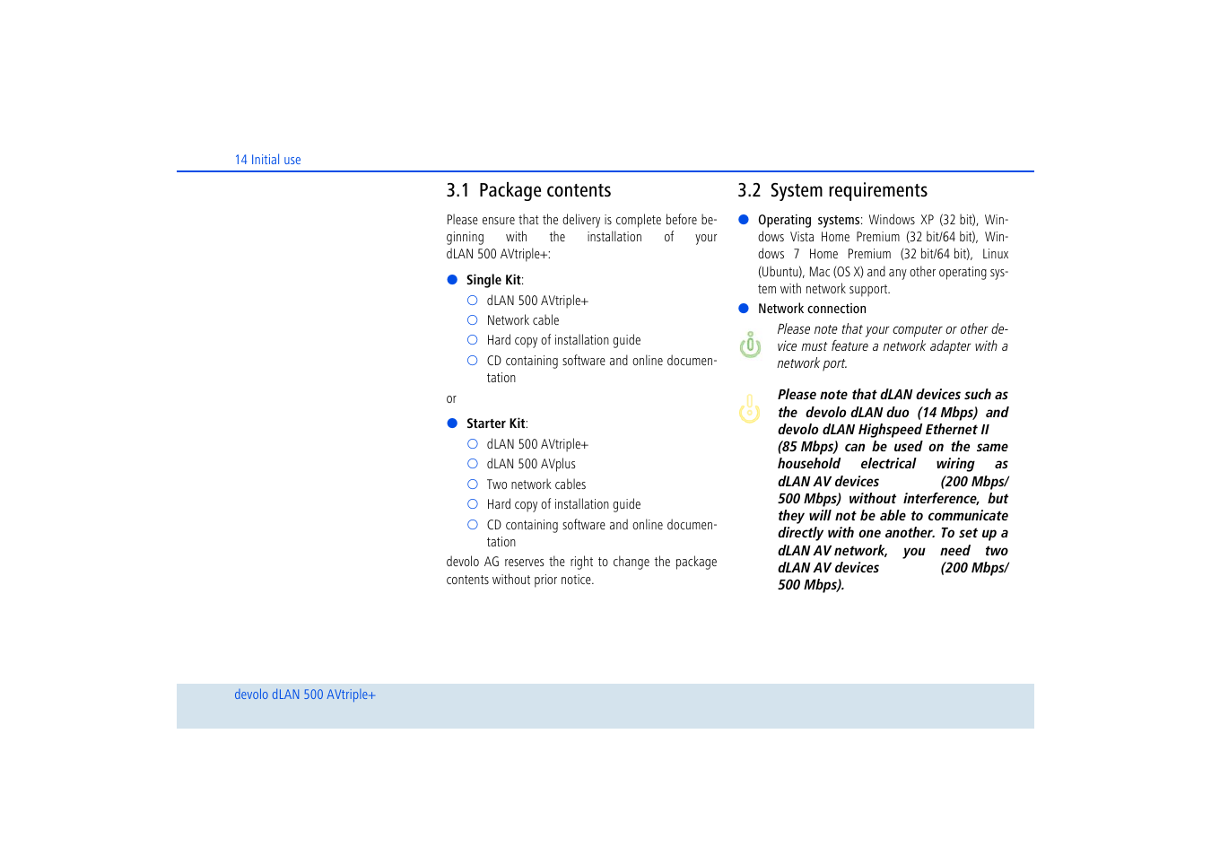 1 package contents, 2 system requirements, Package contents | System requirements | Devolo dLAN 500 AVtriple+ User Manual | Page 15 / 35