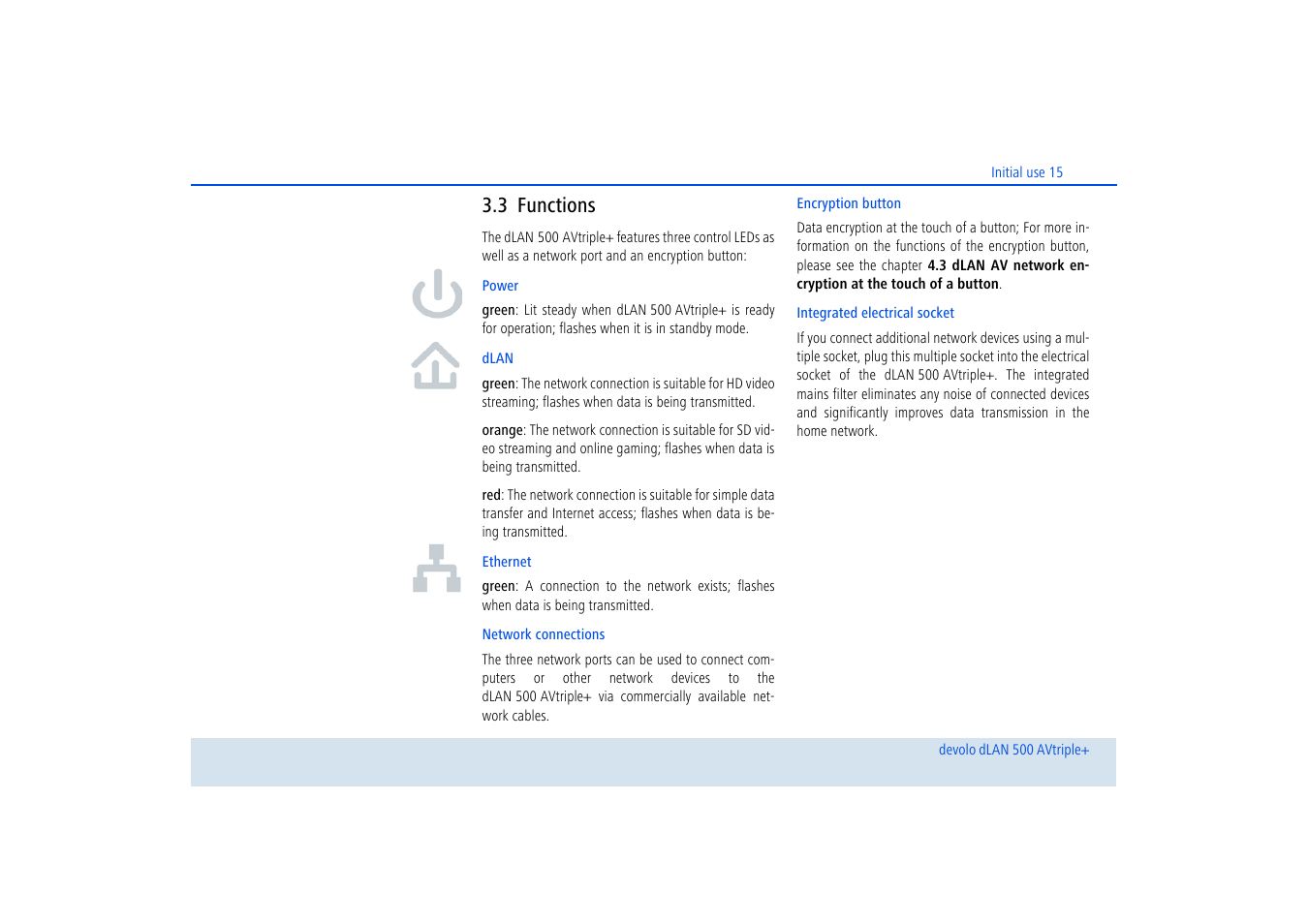 3 functions, Functions | Devolo dLAN 500 AVtriple+ User Manual | Page 16 / 35