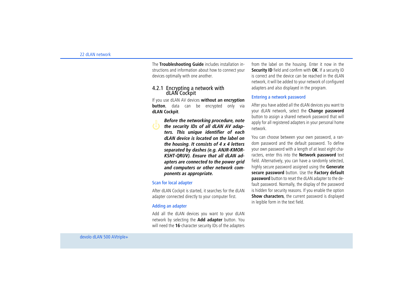 1 encrypting a network with dlan cockpit, Encrypting a network with dlan cockpit | Devolo dLAN 500 AVtriple+ User Manual | Page 23 / 35