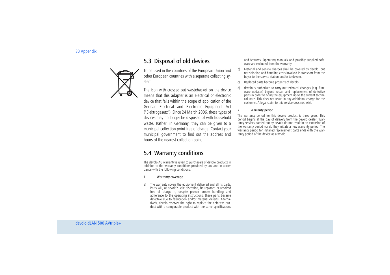 3 disposal of old devices, 4 warranty conditions, Disposal of old devices | Warranty conditions | Devolo dLAN 500 AVtriple+ User Manual | Page 31 / 35