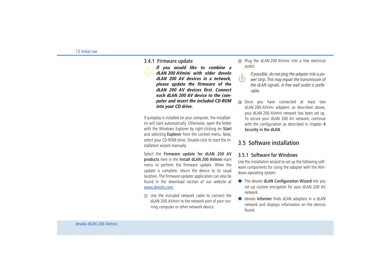 1 firmware update, 5 software installation, 1 software for windows | Firmware update, Software installation 3.5.1, Software for windows | Devolo dLAN 200 AVmini User Manual | Page 14 / 30