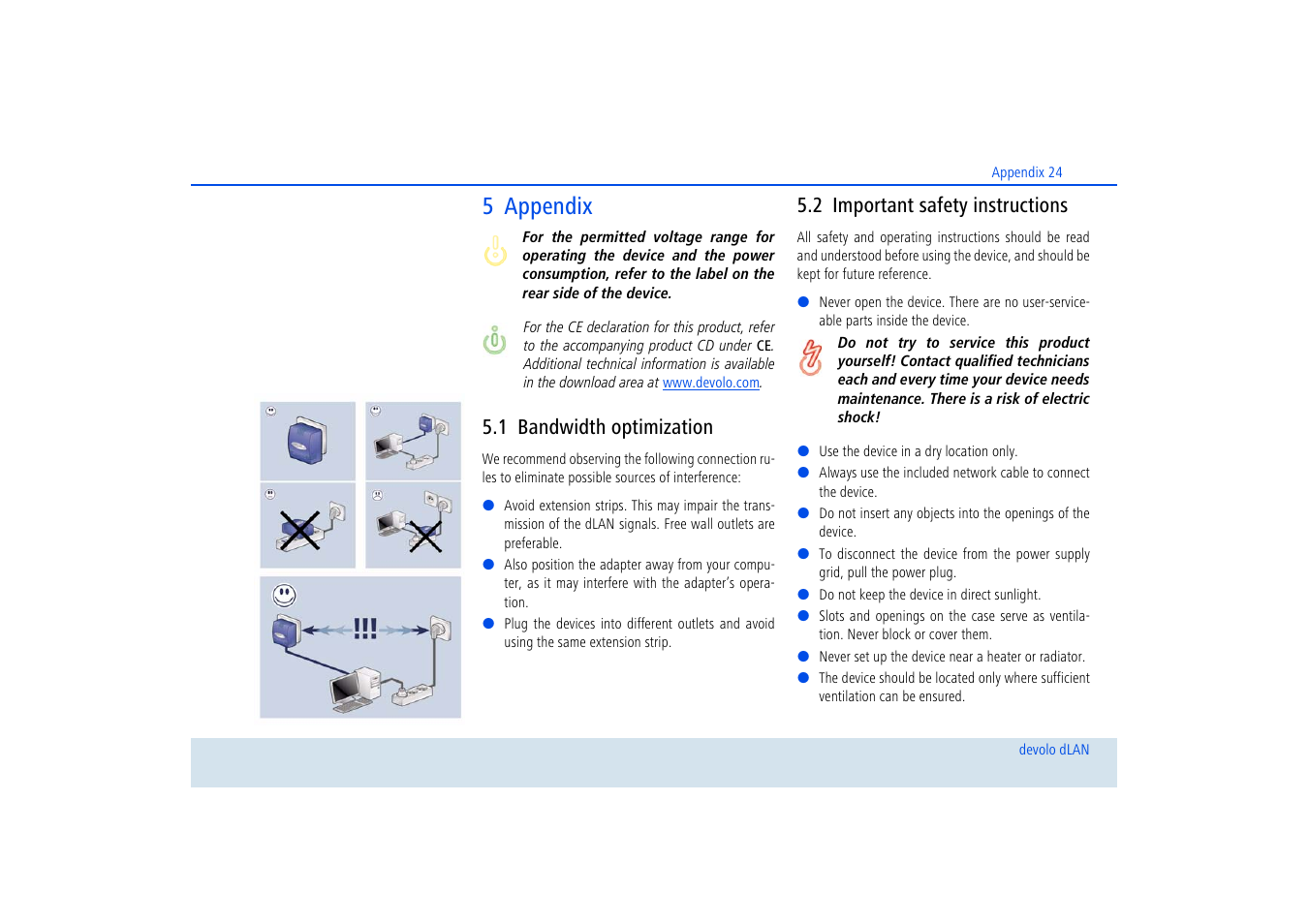 5 appendix, 1 bandwidth optimization, 2 important safety instructions | Bandwidth optimization, Important safety instructions | Devolo dLAN 200 AVmini User Manual | Page 25 / 30