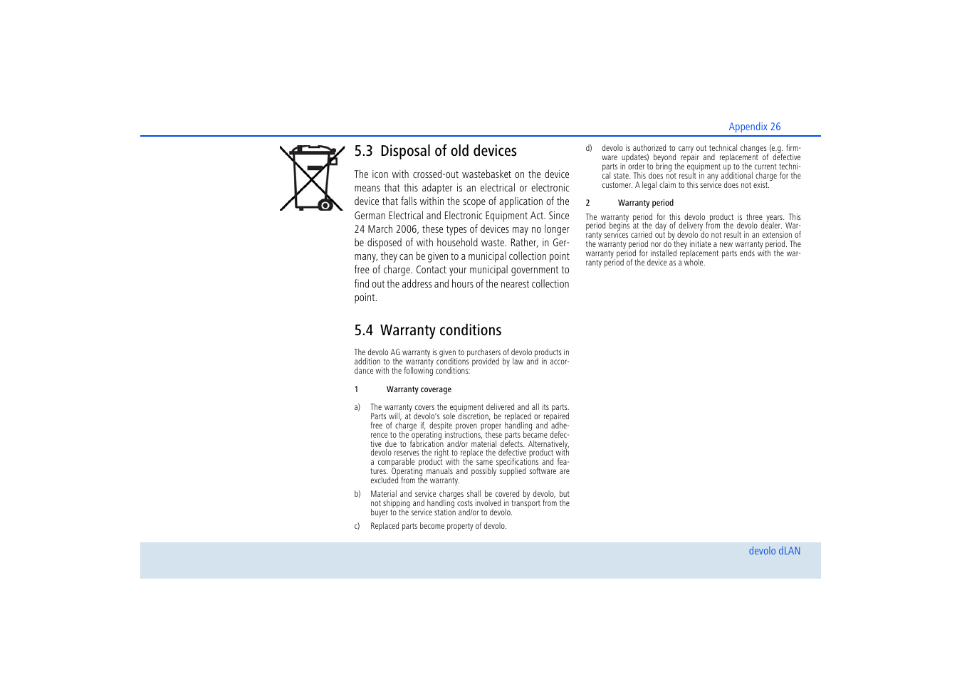 3 disposal of old devices, 4 warranty conditions, Disposal of old devices | Warranty conditions | Devolo dLAN 200 AVmini User Manual | Page 27 / 30