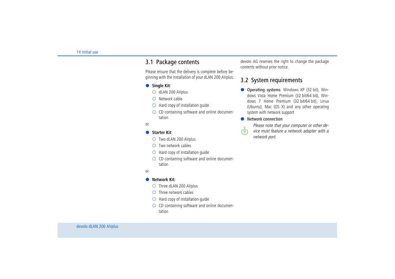 1 package contents, 2 system requirements, Package contents | System requirements | Devolo dLAN 200 AVplus User Manual | Page 15 / 35