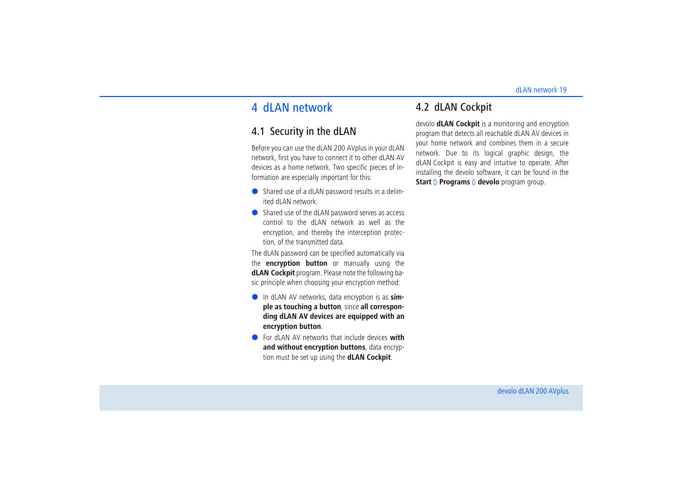 4 dlan network, 1 security in the dlan, 2 dlan cockpit | Security in the dlan, Dlan cockpit | Devolo dLAN 200 AVplus User Manual | Page 20 / 35