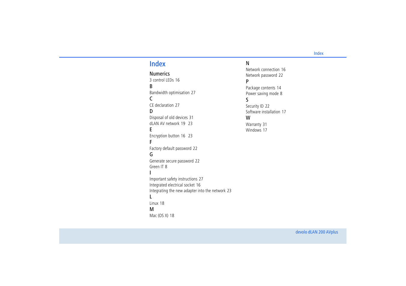 Index | Devolo dLAN 200 AVplus User Manual | Page 34 / 35