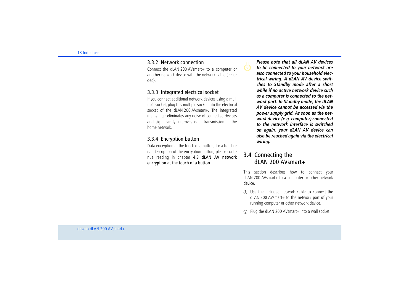 2 network connection, 3 integrated electrical socket, 4 encryption button | 4 connecting the dlan 200 avsmart, Network connection, Integrated electrical socket, Encryption button, Connecting the dlan 200 avsmart | Devolo dLAN 200 AVsmart+ User Manual | Page 19 / 37