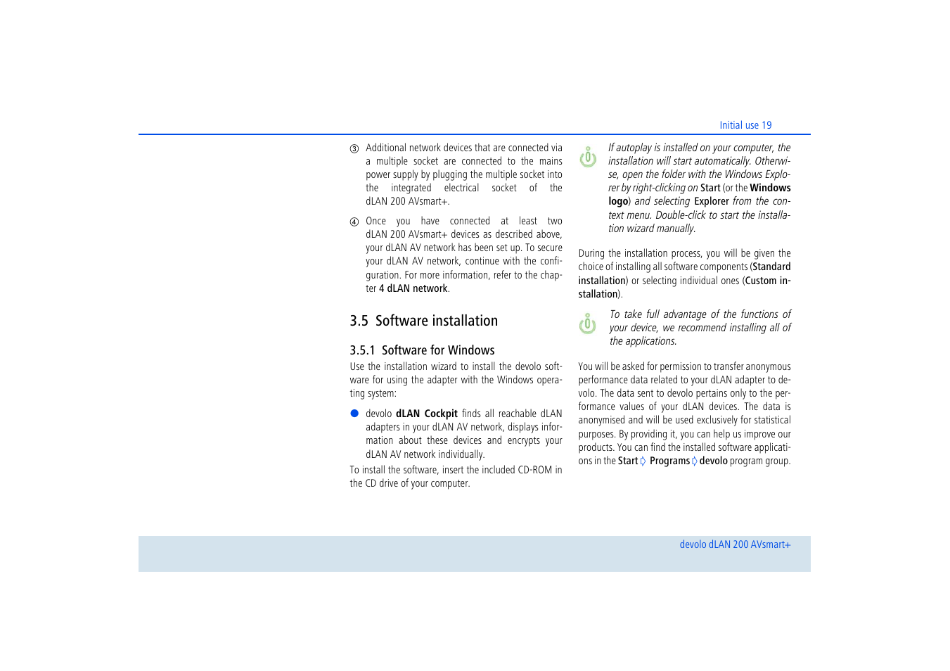5 software installation, 1 software for windows, Software installation 3.5.1 | Software for windows | Devolo dLAN 200 AVsmart+ User Manual | Page 20 / 37