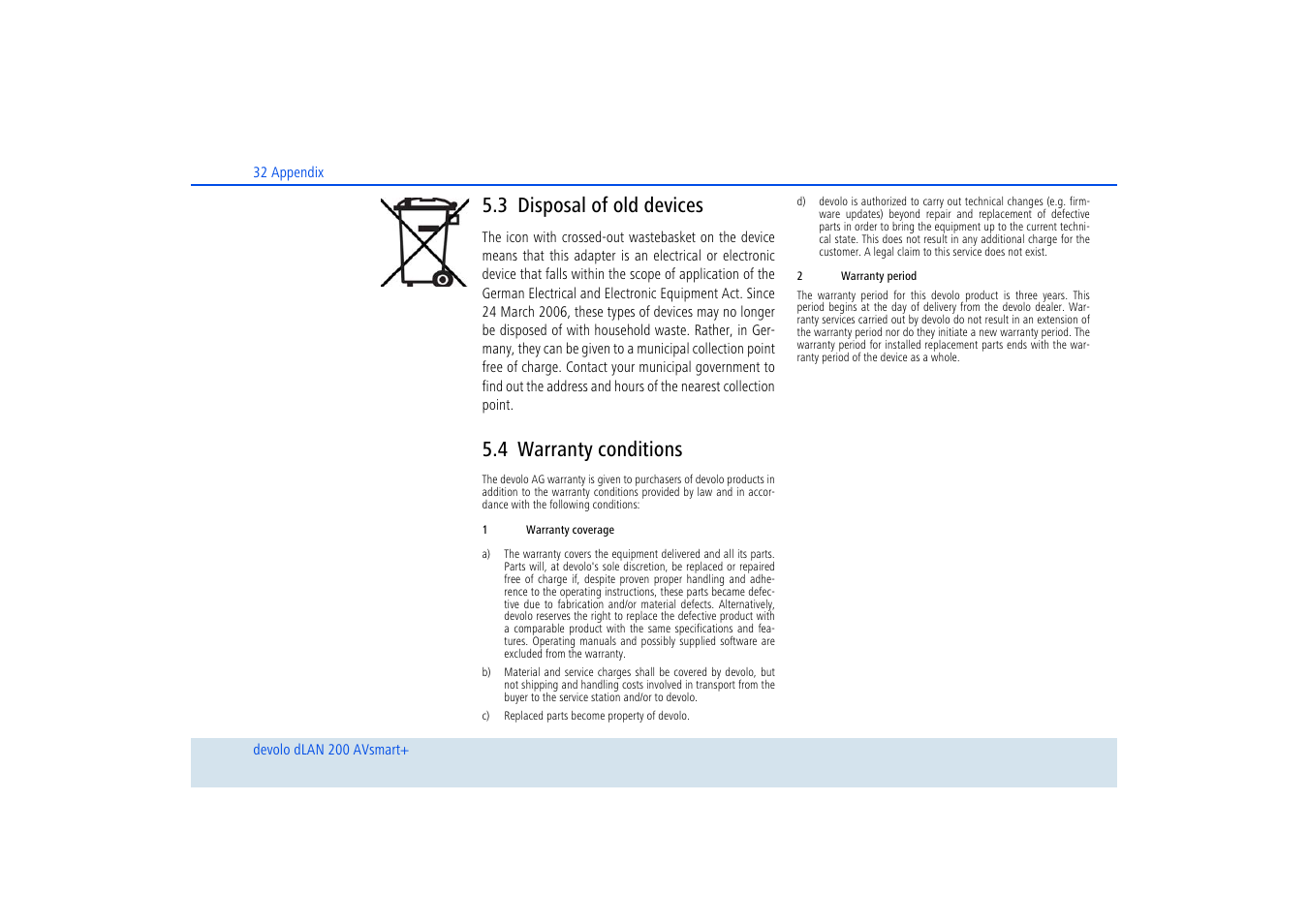3 disposal of old devices, 4 warranty conditions, Disposal of old devices | Warranty conditions | Devolo dLAN 200 AVsmart+ User Manual | Page 33 / 37
