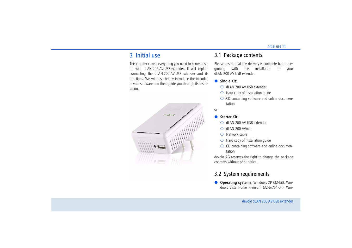 3 initial use, 1 package contents, 2 system requirements | Package contents, System requirements | Devolo dLAN 200 AV USB extender User Manual | Page 12 / 35