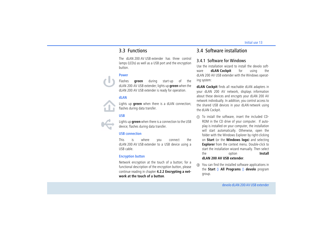 3 functions, 4 software installation, 1 software for windows | Functions, Software installation 3.4.1, Software for windows | Devolo dLAN 200 AV USB extender User Manual | Page 14 / 35