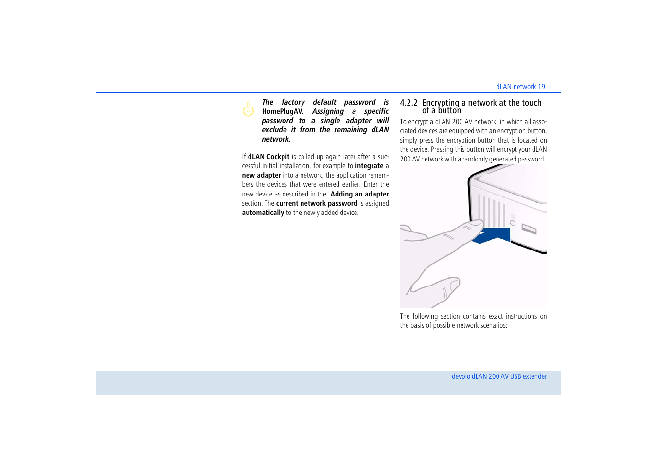 2 encrypting a network at the touch of a button, Encrypting a network at the touch of a button | Devolo dLAN 200 AV USB extender User Manual | Page 20 / 35