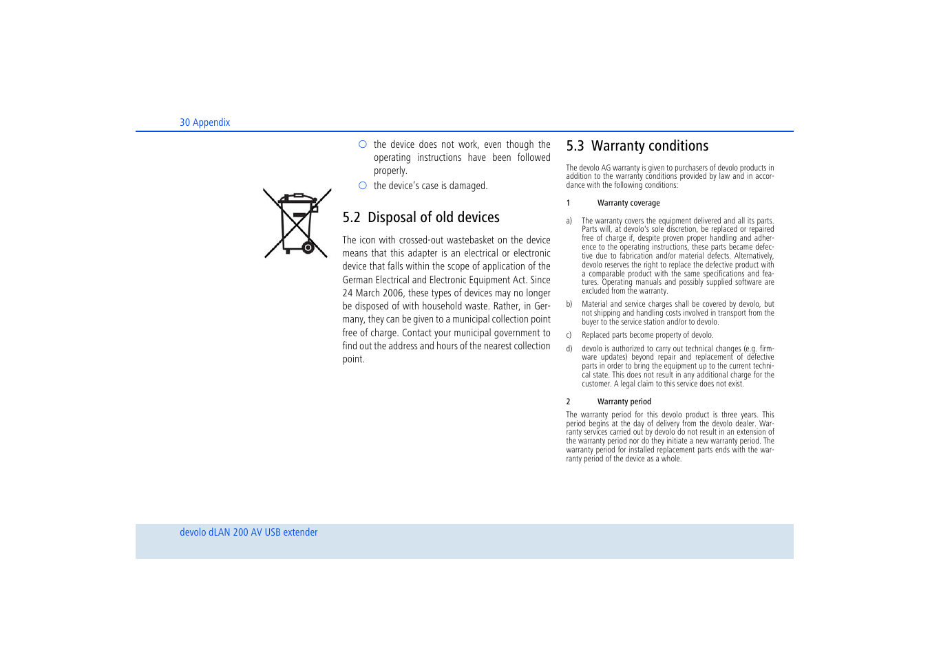 2 disposal of old devices, 3 warranty conditions, Disposal of old devices | Warranty conditions | Devolo dLAN 200 AV USB extender User Manual | Page 31 / 35