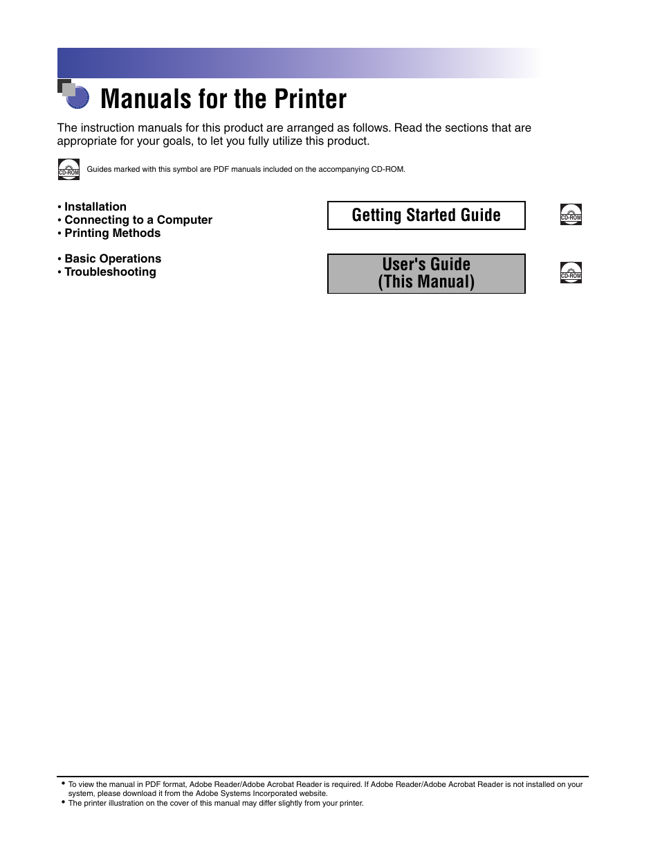 Manuals for the printer, Getting started guide, User's guide (this manual) | Canon 2900I User Manual | Page 3 / 314