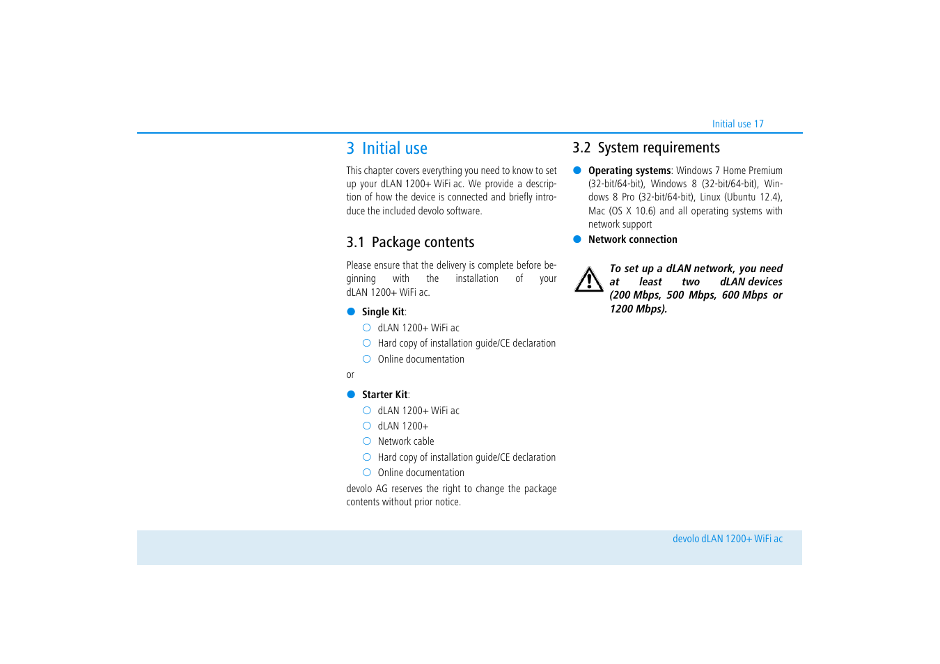 3 initial use, 1 package contents, 2 system requirements | Package contents, System requirements | Devolo dLAN 1200+ WiFi ac User Manual | Page 18 / 55