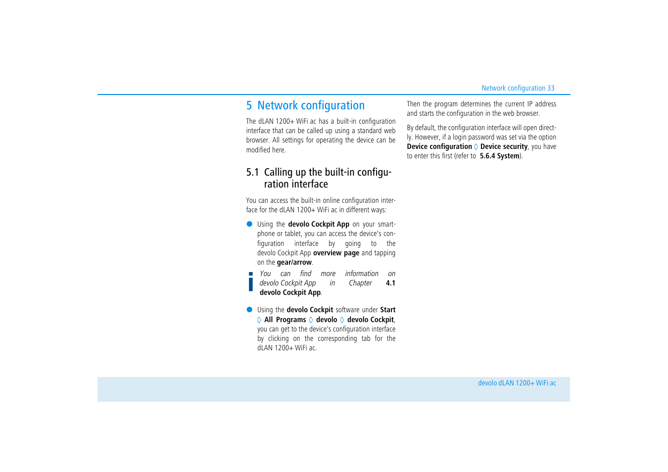 5 network configuration, 1 calling up the built-in configuration interface, Calling up the built-in configuration interface | Chapter 5 network configuration | Devolo dLAN 1200+ WiFi ac User Manual | Page 34 / 55