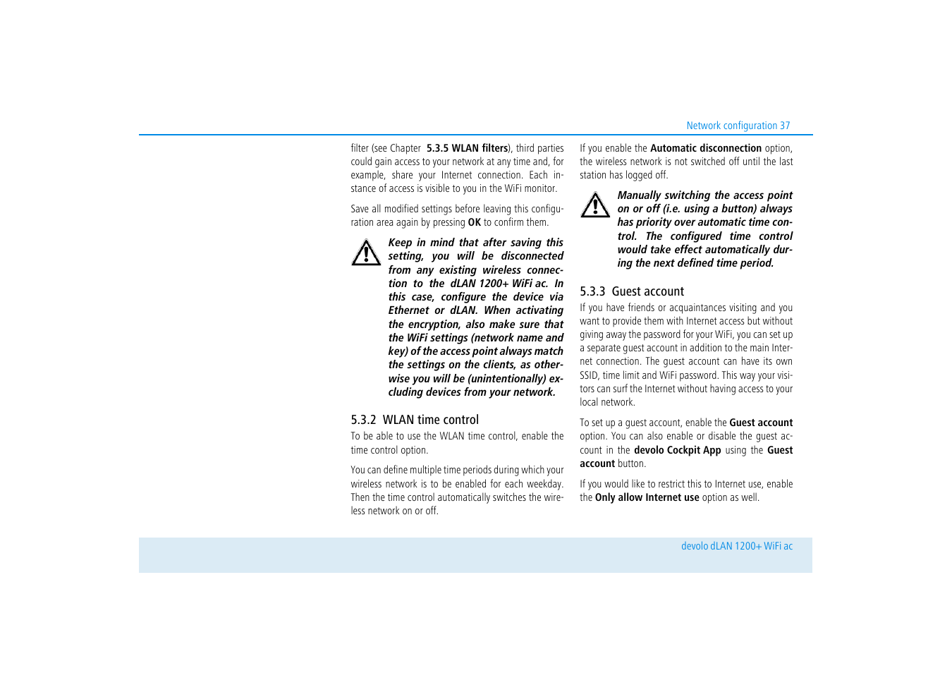 2 wlan time control, 3 guest account, Wlan time control | Guest account | Devolo dLAN 1200+ WiFi ac User Manual | Page 38 / 55