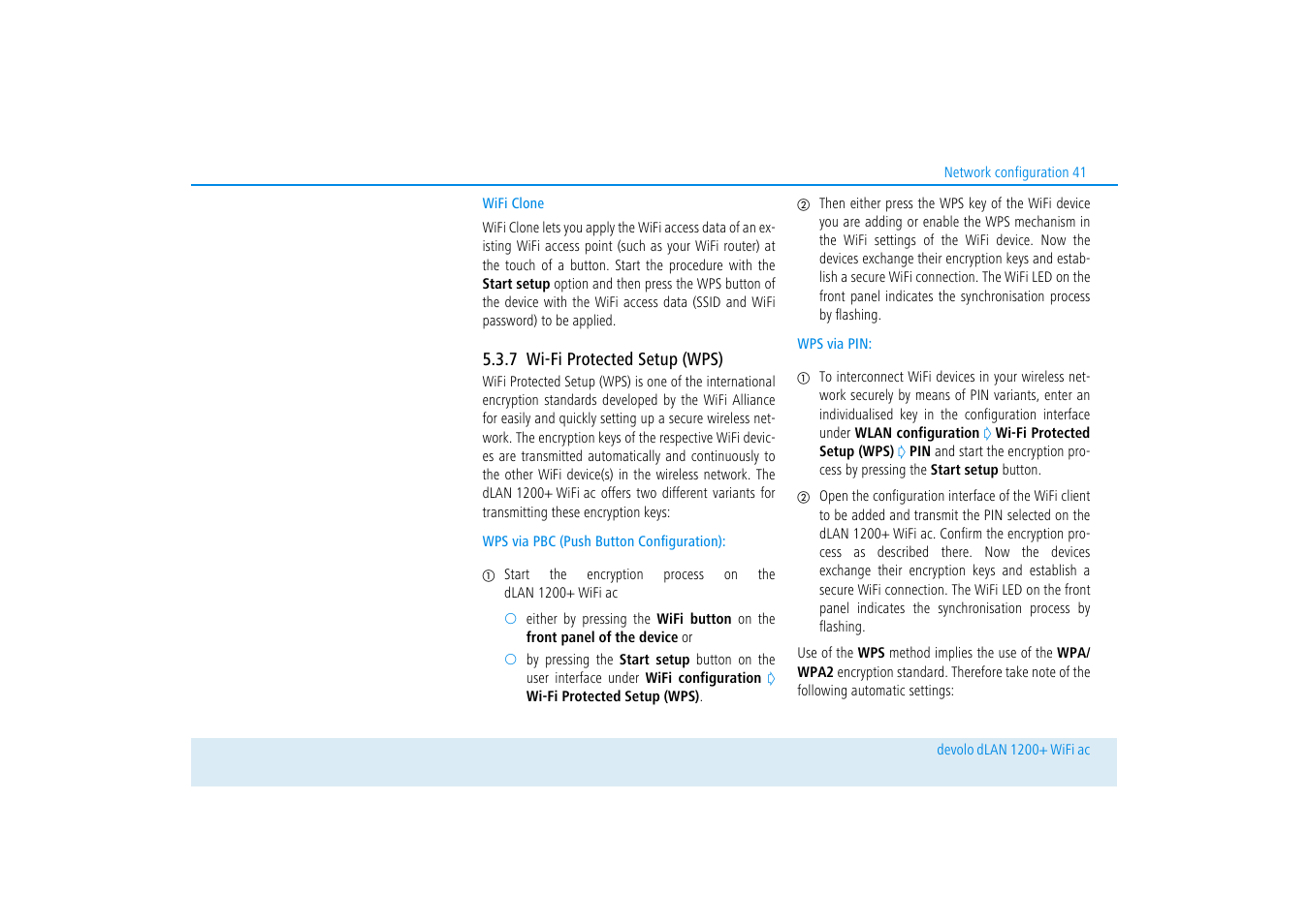 7 wi-fi protected setup (wps), Wi-fi protected setup (wps), Wifi clone | Devolo dLAN 1200+ WiFi ac User Manual | Page 42 / 55