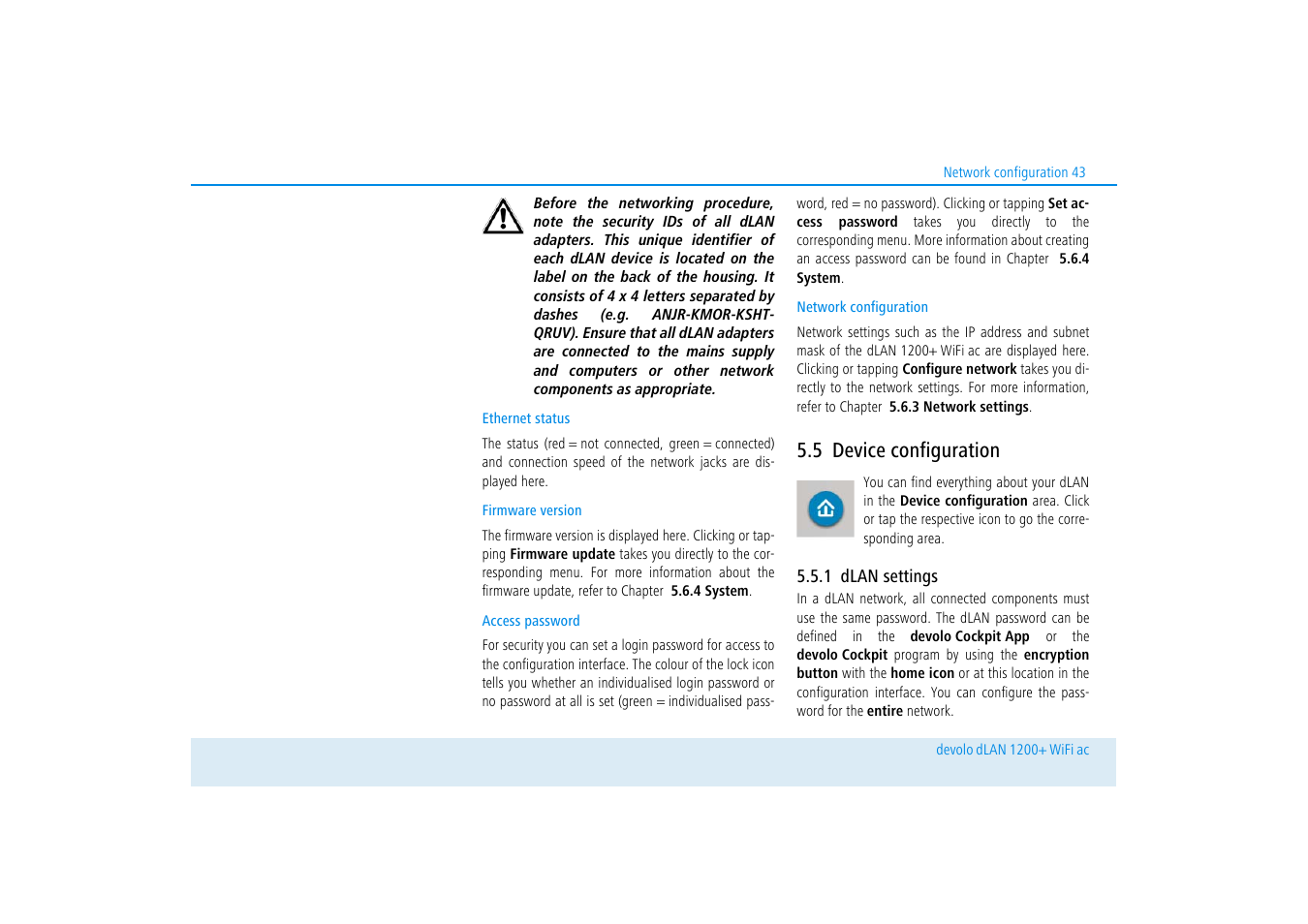5 device configuration, 1 dlan settings, Device configuration | Dlan settings, 5 device con- figuration | Devolo dLAN 1200+ WiFi ac User Manual | Page 44 / 55
