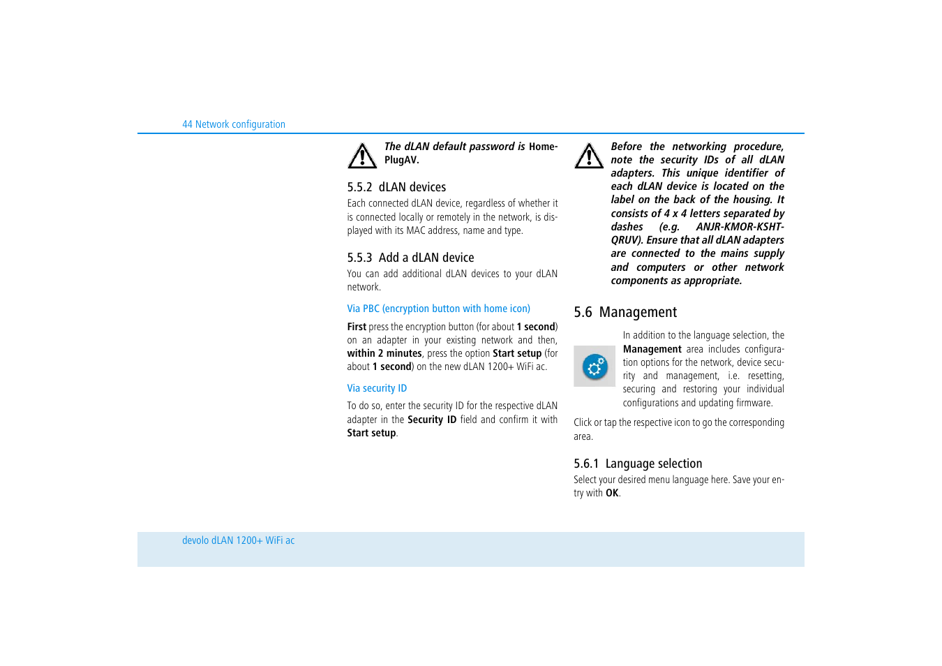 2 dlan devices, 3 add a dlan device, 6 management | 1 language selection, Dlan devices, Add a dlan device, Management, Language selection, Ters 5.5.2 dlan devices and 5.5.2 dlan devices | Devolo dLAN 1200+ WiFi ac User Manual | Page 45 / 55