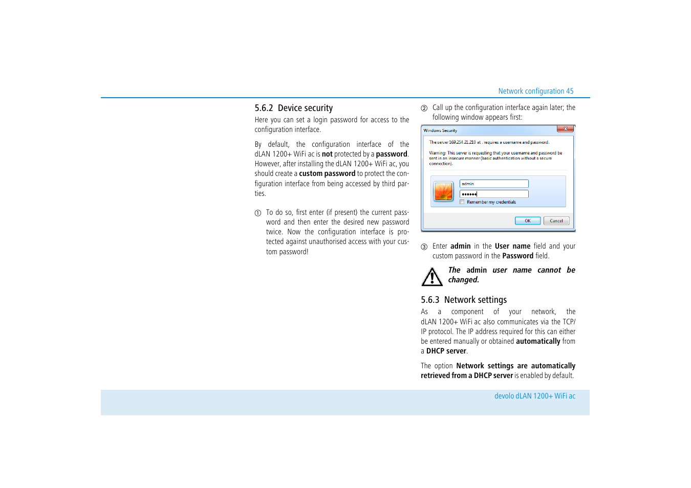 2 device security, 3 network settings, Device security | Network settings | Devolo dLAN 1200+ WiFi ac User Manual | Page 46 / 55