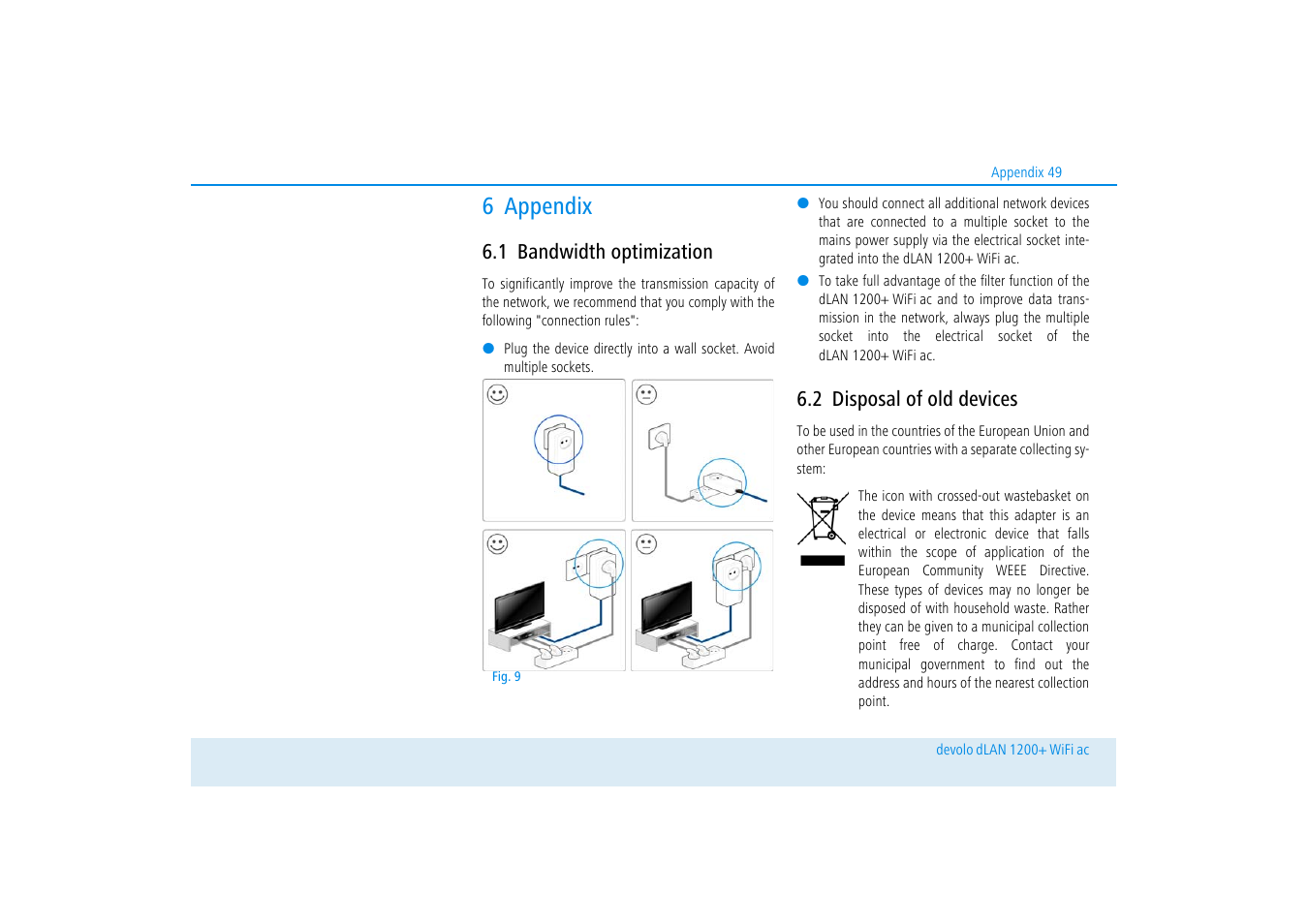 6 appendix, 1 bandwidth optimization, 2 disposal of old devices | Bandwidth optimization, Disposal of old devices | Devolo dLAN 1200+ WiFi ac User Manual | Page 50 / 55