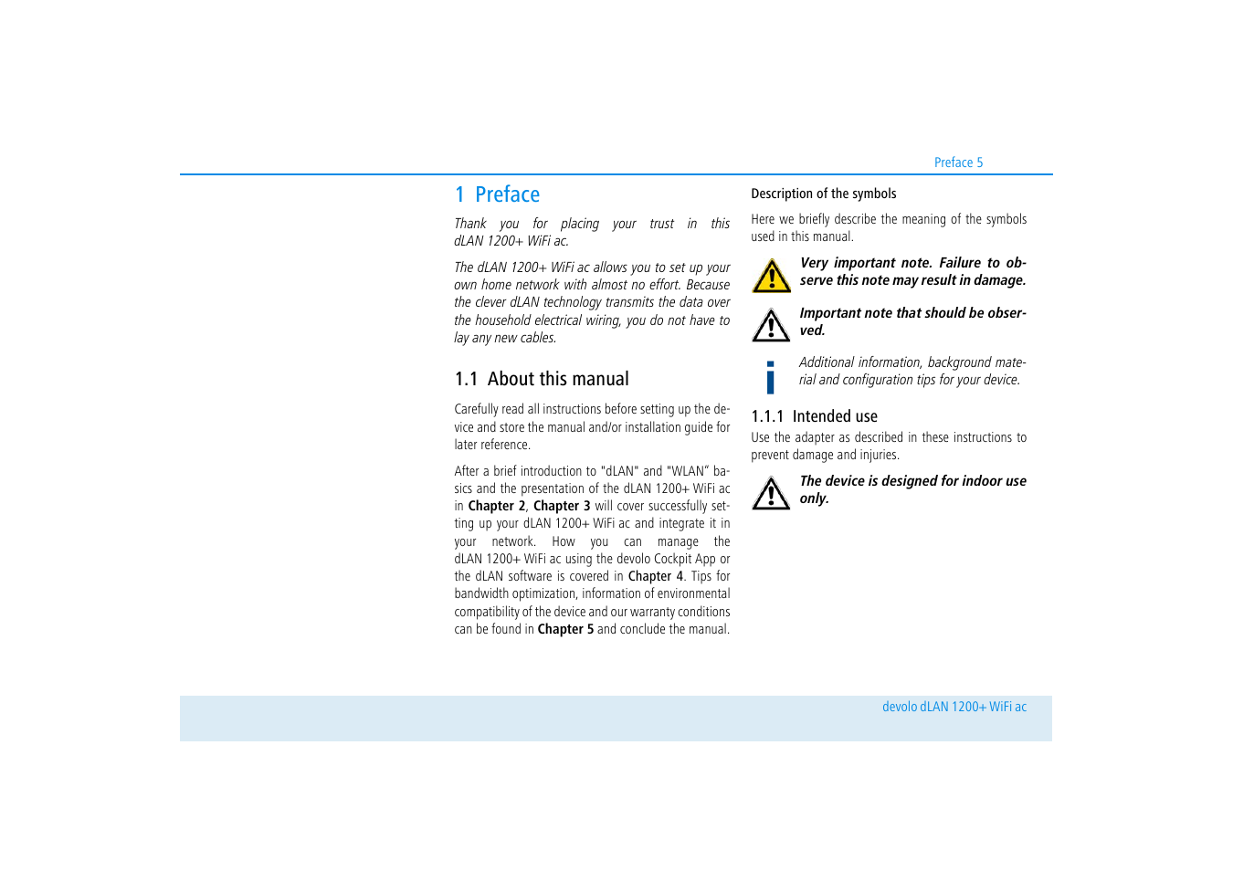 1 preface, 1 about this manual, 1 intended use | About this manual, Intended use | Devolo dLAN 1200+ WiFi ac User Manual | Page 6 / 55