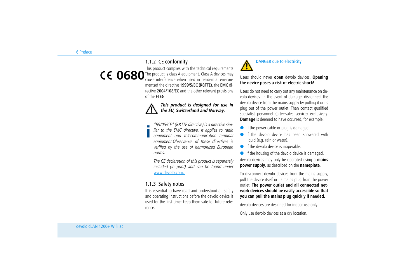 2 ce conformity, 3 safety notes, Ce conformity | Safety notes | Devolo dLAN 1200+ WiFi ac User Manual | Page 7 / 55