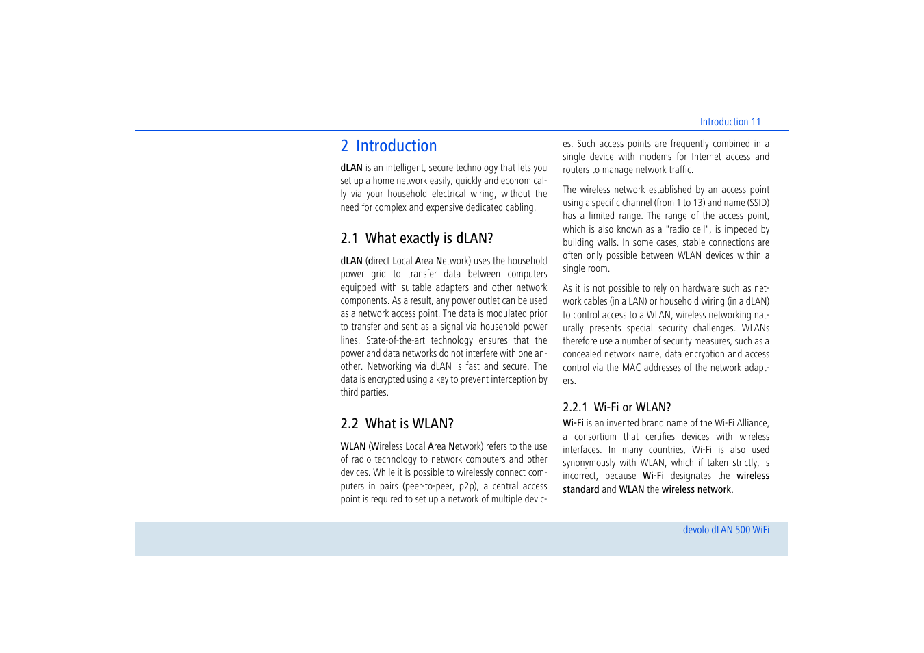 2 introduction, 1 what exactly is dlan, 2 what is wlan | 1 wi-fi or wlan, What exactly is dlan, What is wlan, Wi-fi or wlan | Devolo dLAN 500 WiFi User Manual | Page 12 / 81