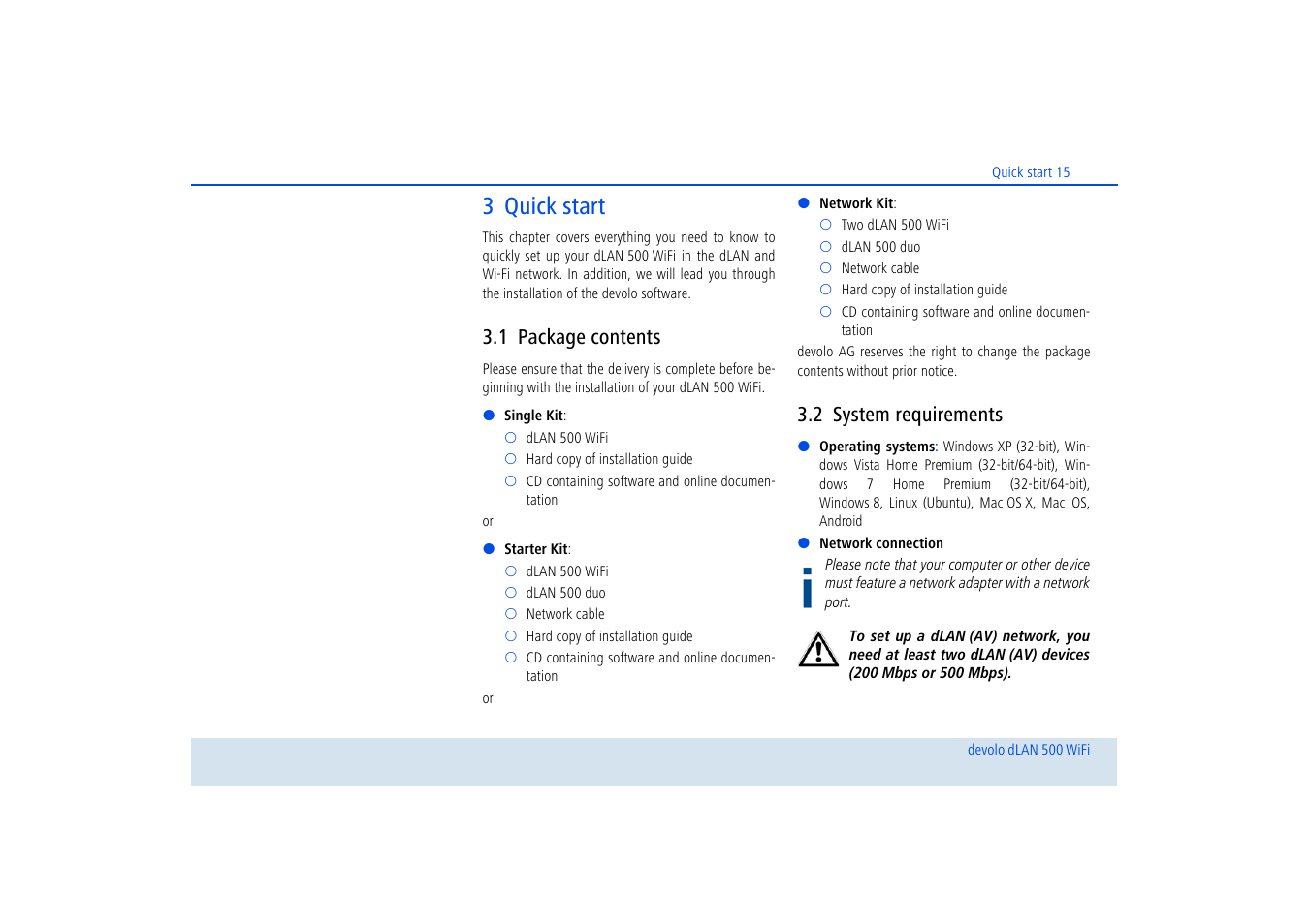 3 quick start, 1 package contents, 2 system requirements | Package contents, System requirements | Devolo dLAN 500 WiFi User Manual | Page 16 / 81