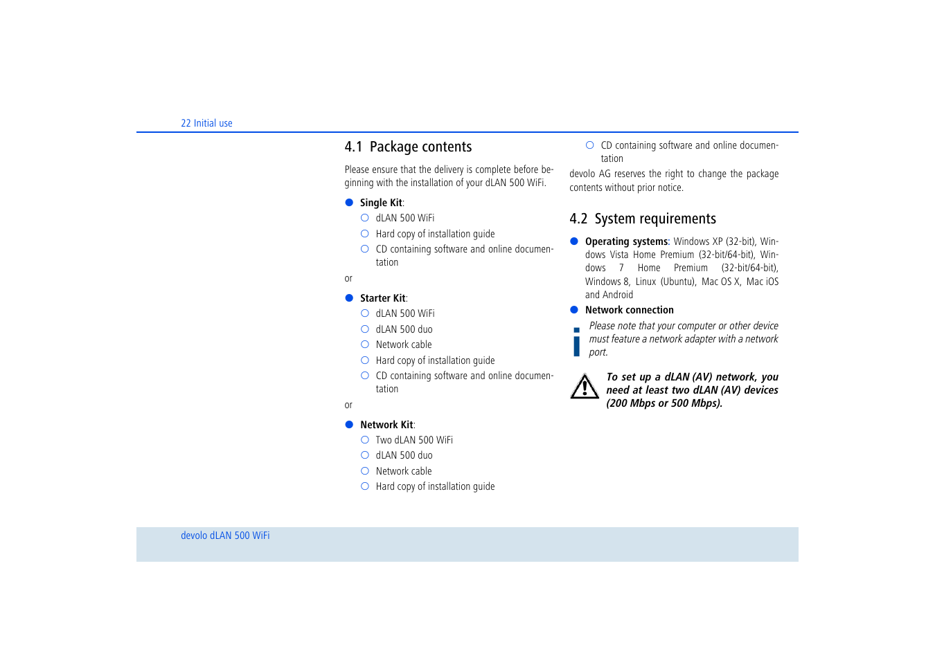 1 package contents, 2 system requirements, Package contents | System requirements | Devolo dLAN 500 WiFi User Manual | Page 23 / 81