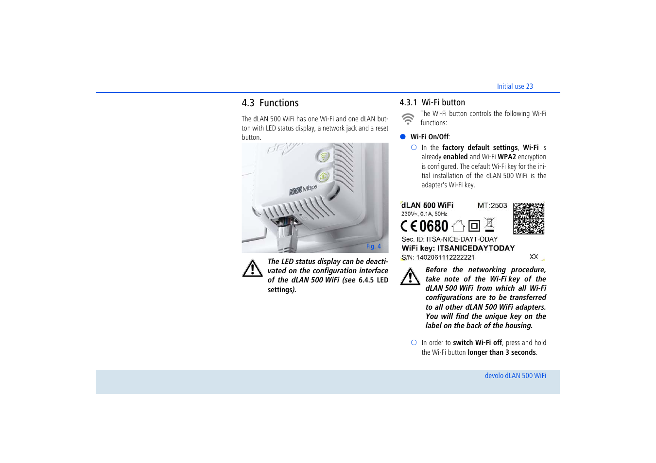 3 functions, 1 wi-fi button, Functions | Wi-fi button | Devolo dLAN 500 WiFi User Manual | Page 24 / 81