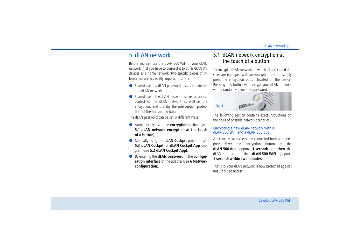 5 dlan network, 1 dlan network encryption at the touch of a button, Dlan network encryption at the touch of a button | And 5 dlan network, Ter 5 dlan network, Fer to chapters 5 dlan network | Devolo dLAN 500 WiFi User Manual | Page 30 / 81